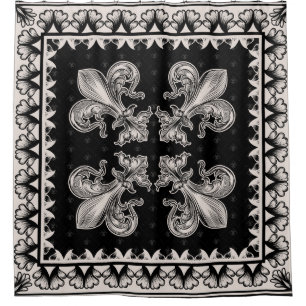 Fleur-de-lis - Schwarz und Creme Duschvorhang