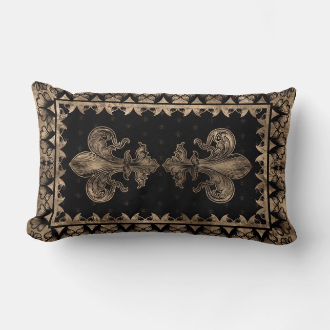 Fleur-de-lis - Schwarz und Gold Lendenkissen (Vorderseite)