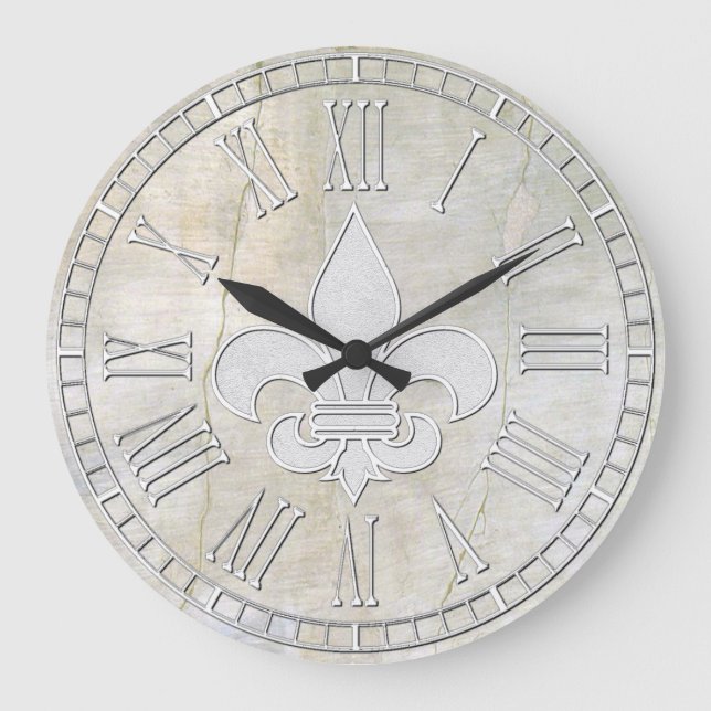 Fleur-de-lis Vintage Plaster Look Große Wanduhr (Vorderseite)