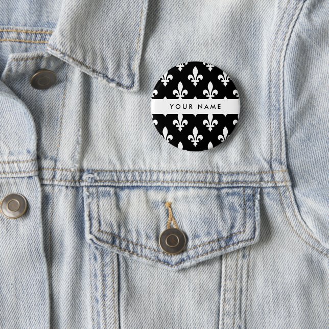 Fleur de Lis, Weiß auf Schwarz, Weiß, Ihr Name Button (Beispiel)