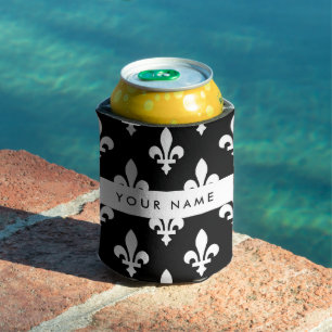 Fleur de Lis, Weiß auf Schwarz, Weiß, Ihr Name Dosenkühler