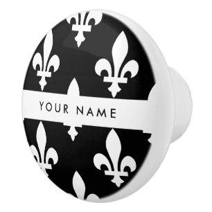 Fleur de Lis, Weiß auf Schwarz, Weiß, Ihr Name Keramikknauf