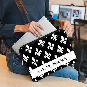 Fleur de Lis, Weiß auf Schwarz, Weiß, Ihr Name Laptopschutzhülle