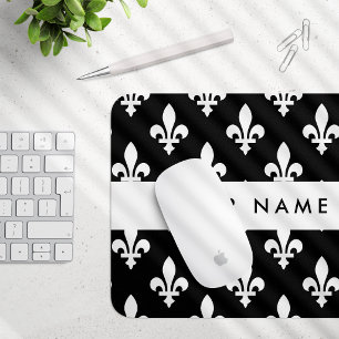 Fleur de Lis, Weiß auf Schwarz, Weiß, Ihr Name Mousepad