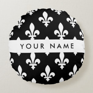 Fleur de Lis, Weiß auf Schwarz, Weiß, Ihr Name Rundes Kissen