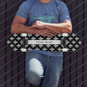 Fleur de Lis, Weiß auf Schwarz, Weiß, Ihr Name Skateboard
