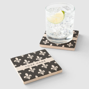 Fleur de Lis, Weiß auf Schwarz, Weiß, Ihr Name Steinuntersetzer
