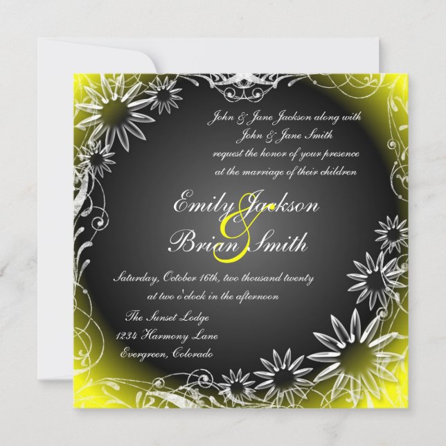 Fleur de marguerite jaune noir invitations mariage (Devant)