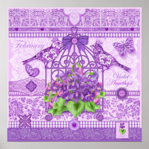 Fleur de naissance et Gem Février Poster d'oiseaux