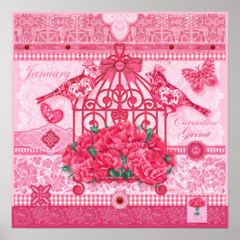 Fleur de naissance et Gem Janvier Poster d'oiseaux