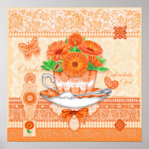 Fleur de naissance et Gem Octobre Poster de thé