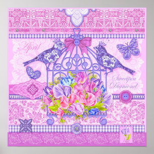 Fleur de naissance et Gem Poster d'avril Birdcage