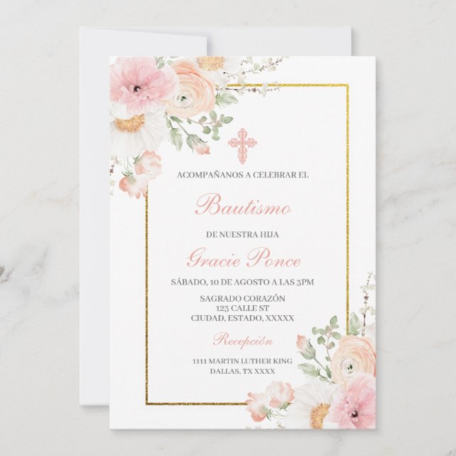 Fleur de printemps Baptême espagnol Invitation (Devant)