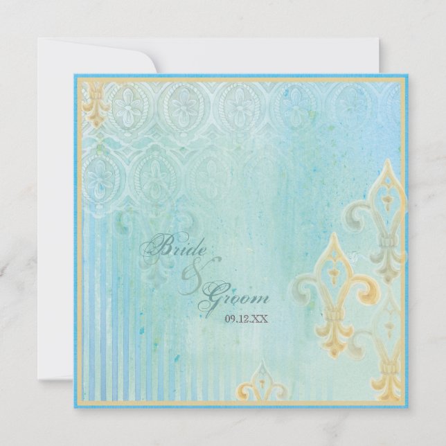 Fleur di Lys Damask 2 Blau - Einladung zur Hochzei (Vorderseite)
