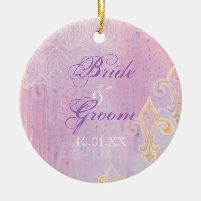 Fleur di Lys Damask 2 Blau - Hochzeitsfeier Keramikornament (Vorne)