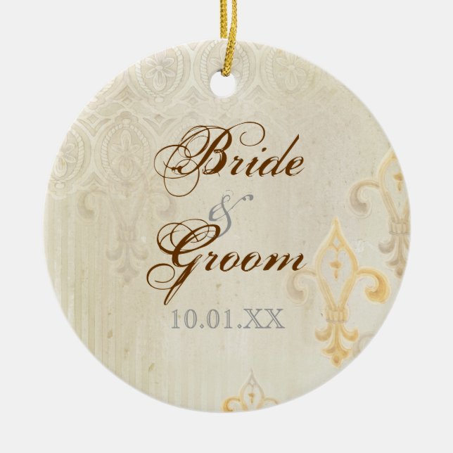 Fleur di Lys Damask 2 Creme - Hochzeitsfeier Keramik Ornament (Vorne)