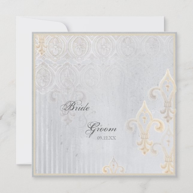 Fleur di Lys Damask 2 Grau Wedding Einladung (Vorderseite)