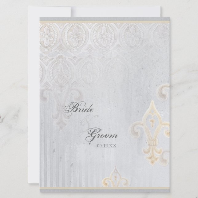 Fleur di Lys Damask 2 Gris Faire-part de mariage (Devant)
