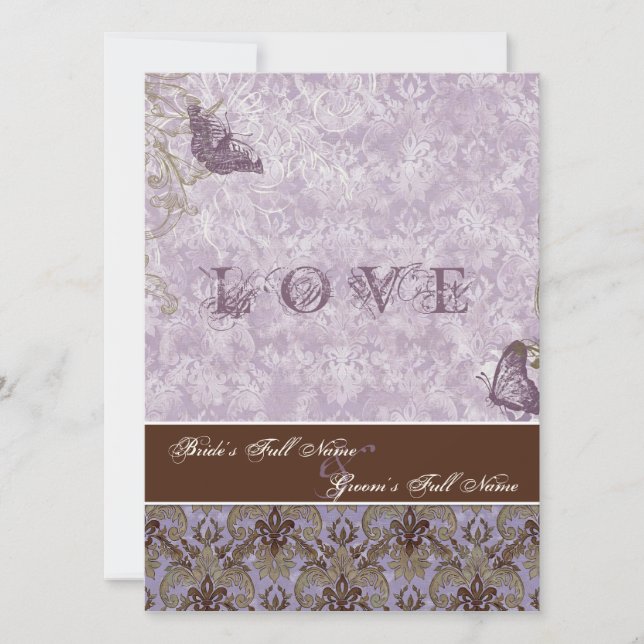 Fleur di Lys Damask - Faire-part de mariage violet (Devant)