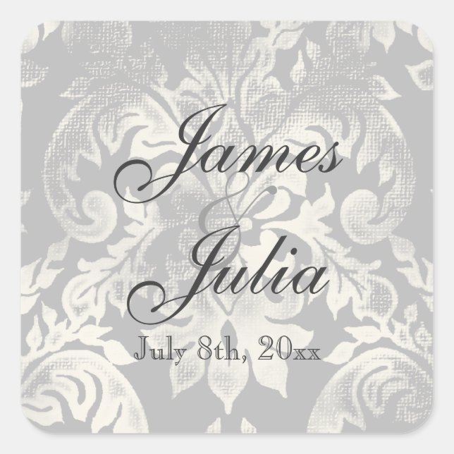 Fleur di Lys Damask - Gray Wedding Siegel Quadratischer Aufkleber (Vorderseite)