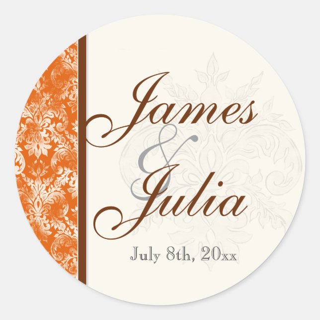 Fleur di Lys Damask - Orange Wedding Siegel Runder Aufkleber (Vorderseite)