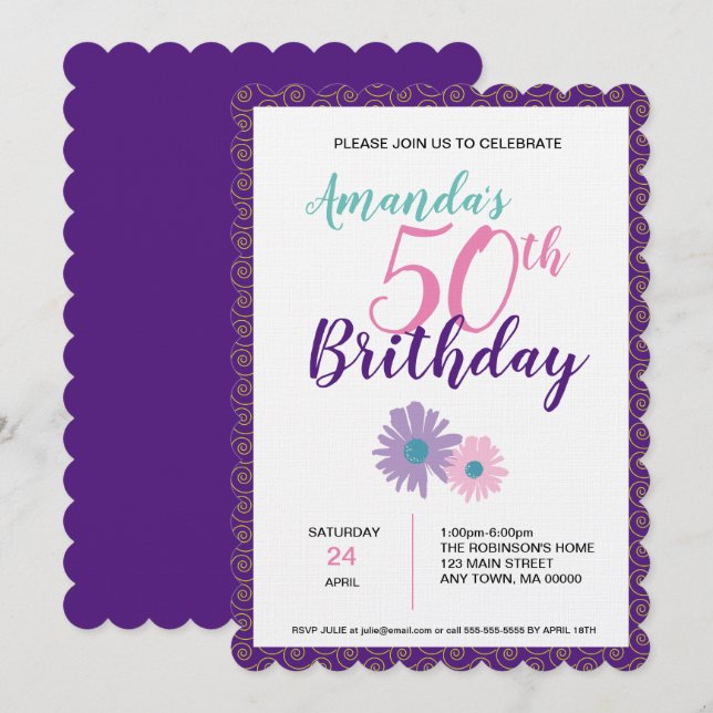 Fleur et spirales rose et violet Invitation d'anni (Devant / Derrière)