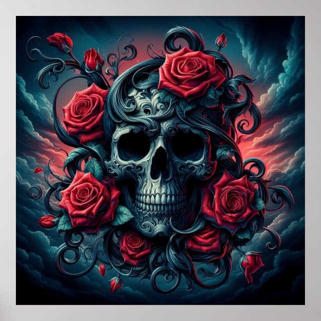 Fleur éternelle : Crâne gothique et affiche Rose (Devant)