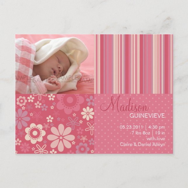 Fleur Fizz rose ・ Faire-part bébé (Devant)
