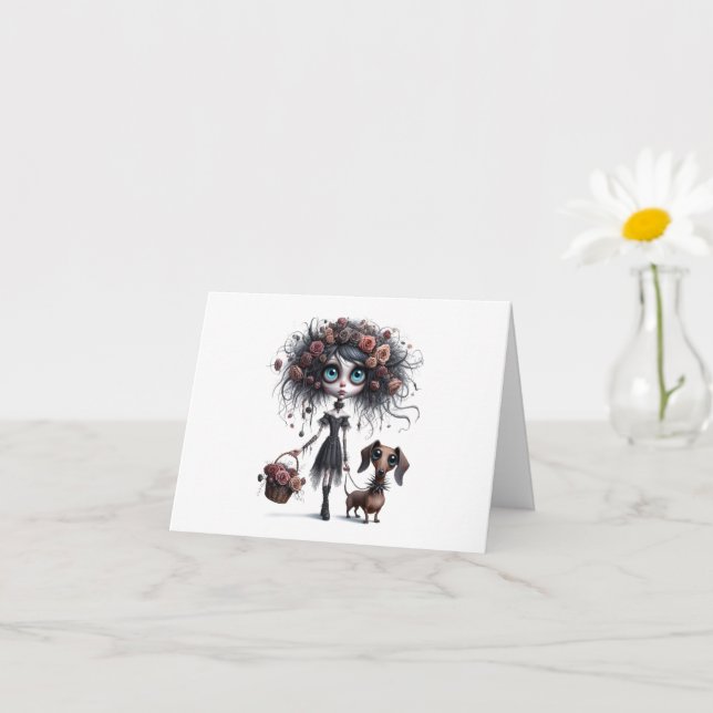 Fleur Goth mignonne avec carte de voeux Dachshund (Petite plante)