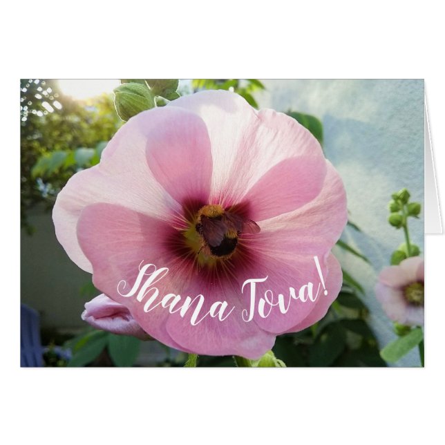 Fleur Hollyhock rose avec la carte Hashanah Bee Ro (Devant horizontal)
