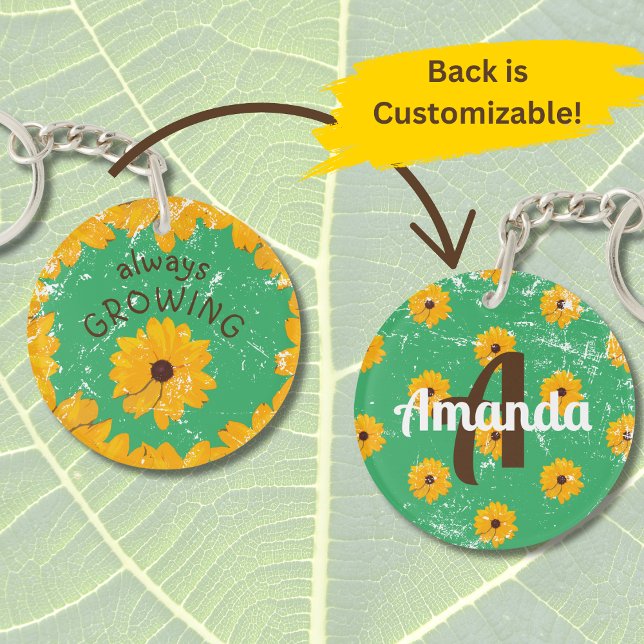 Fleur Jaune Sunny Porté Look Porte - clé acrylique (A pretty yellow flower on a "distressed" green keychain is customizable with name and initial.)