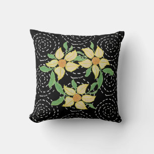 Fleur Jaune sur oreiller blanc pointillé noir