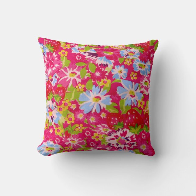 Fleur rose et fraise rétro coussin floral (Recto)
