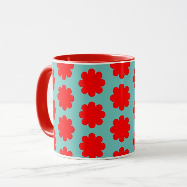 Fleur rouge Aqua Blue Retro Vibe Mug Cup (Devant gauche)