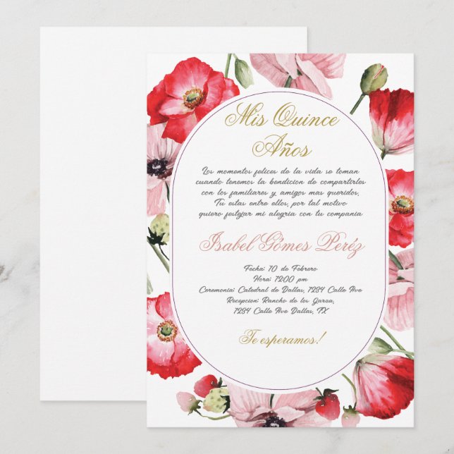 Fleur rouge et rose Quinceanera invitation (Devant / Derrière)