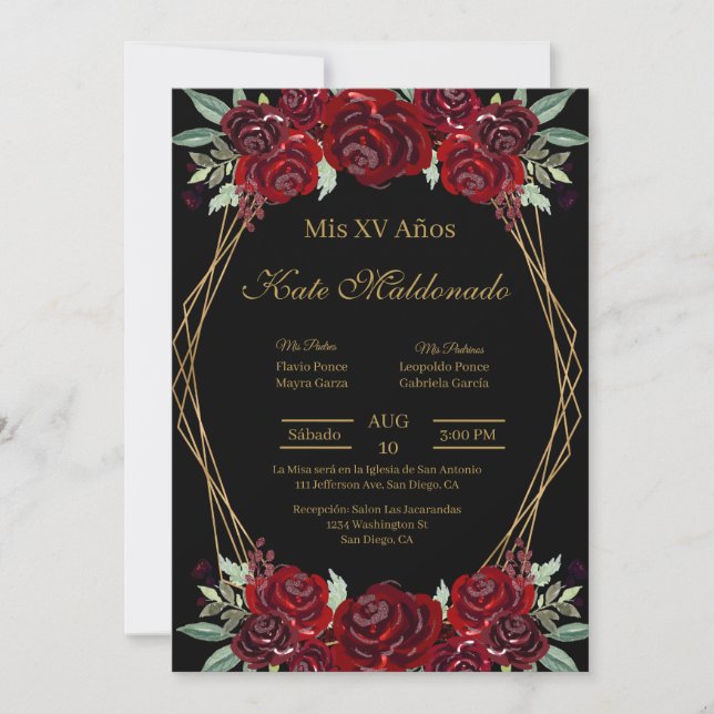 Fleur rouge noire Quinceanera invitation (Devant)
