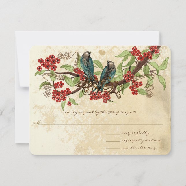Fleur rouge Vintage Oiseaux de mariage RSVP (Devant)