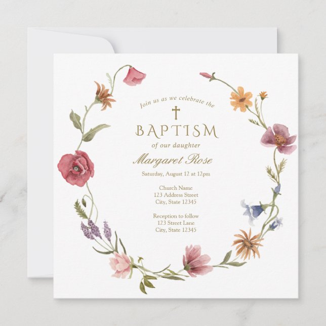 Fleur sauvage Baby Baptism Invitation (Devant)