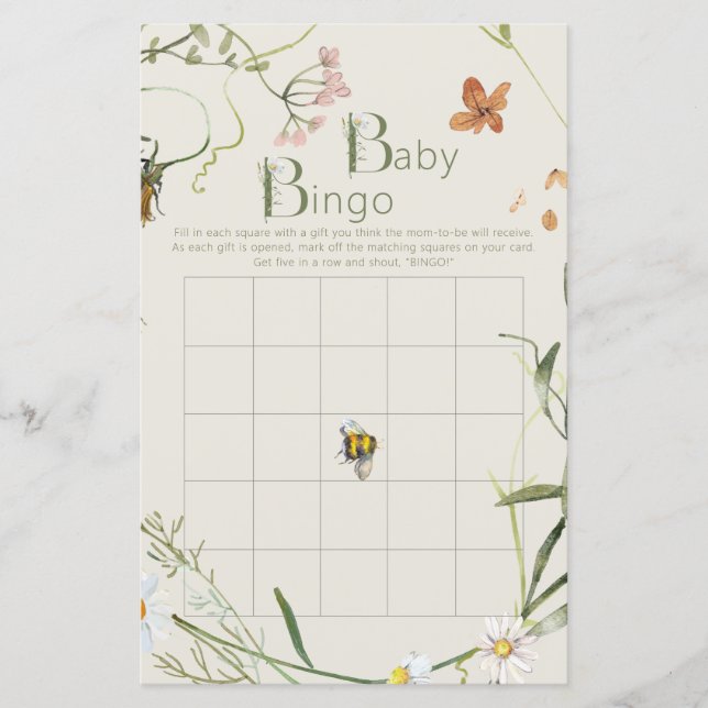 Fleur sauvage Bee Beige Baby shower Bingo Carte (Devant)