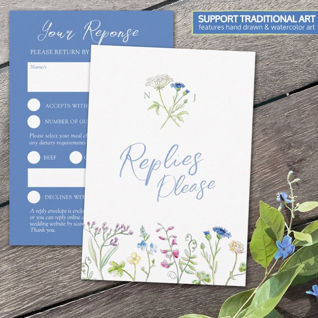 Fleur sauvage bleu aquarelle RSVP mariage (Créateur téléchargé)