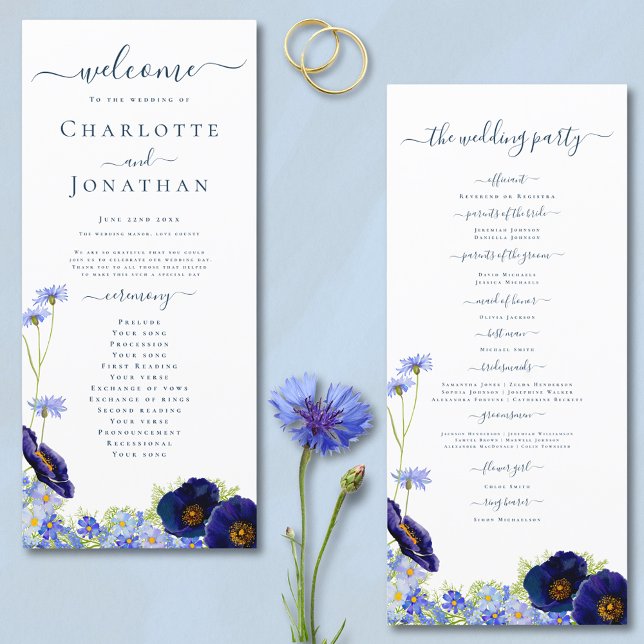Fleur sauvage Blue Boho Programme de mariage (Elegant blue wildflower summer floral day of the wedding programme with stylish typography script )