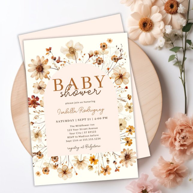 Fleur sauvage Boho Floral Baby shower Invitation (Wildflower Boho Floral Baby Shower Invitation)