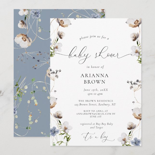 Fleur sauvage Calligraphie Baby shower Invitation (Devant / Derrière)