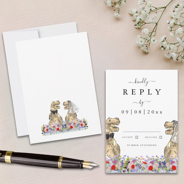 Fleur sauvage Dinosaur Mariage Réponse (Boho wildflower dinosaur wedding invitation rsvp enclosure card with T-Rex bride and groom )