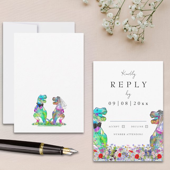 Fleur sauvage Dinosaur Mariage Réponse (Wildflower dinosaur bride and groom wedding rsvp enclosure card)