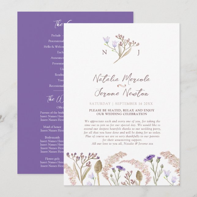 Fleur sauvage et herbes programme de mariage aquar (Devant / Derrière)