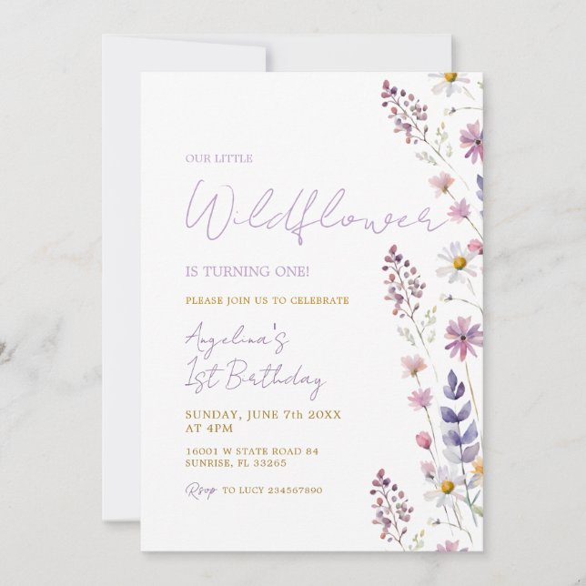 Fleur sauvage fille 1er anniversaire Invitation (Devant)