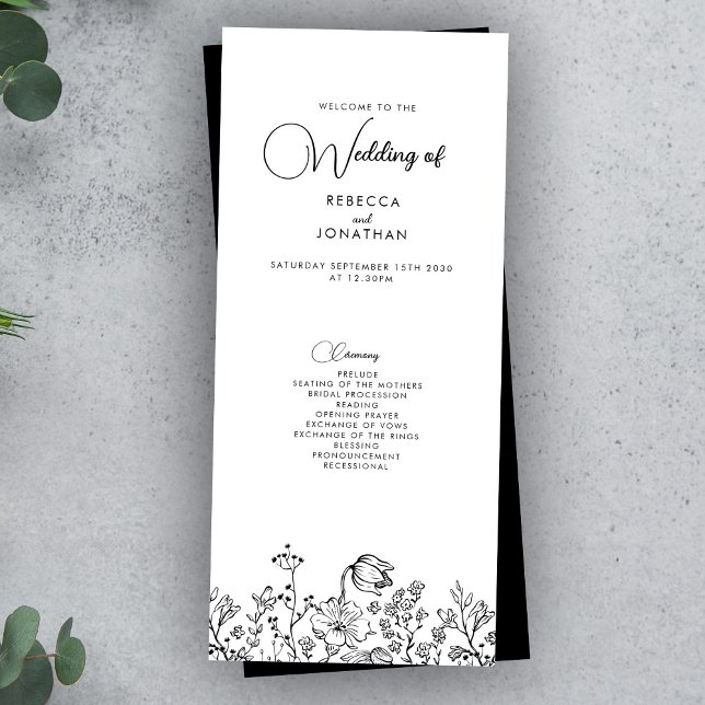 Fleur sauvage Floral Black White Wedding Programme (Créateur téléchargé)