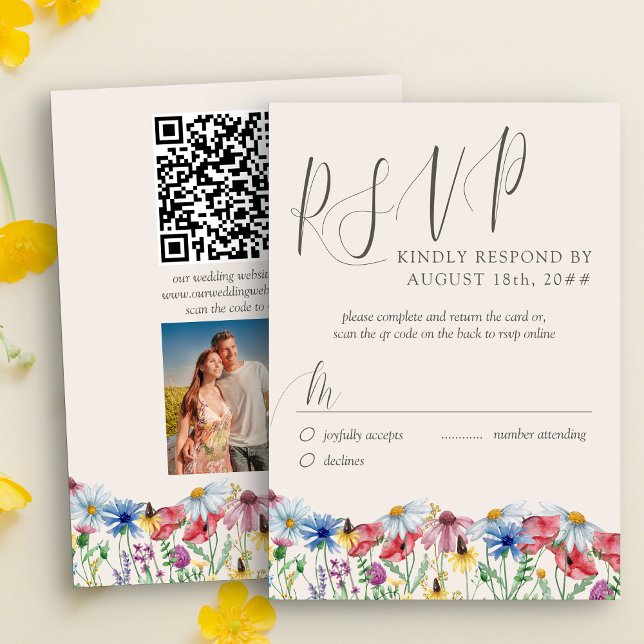 Fleur sauvage Mariage Rustic Photo et QR Code RSVP (Wildflower Wedding RSVP card with custom photo, qr code and traditional response form )