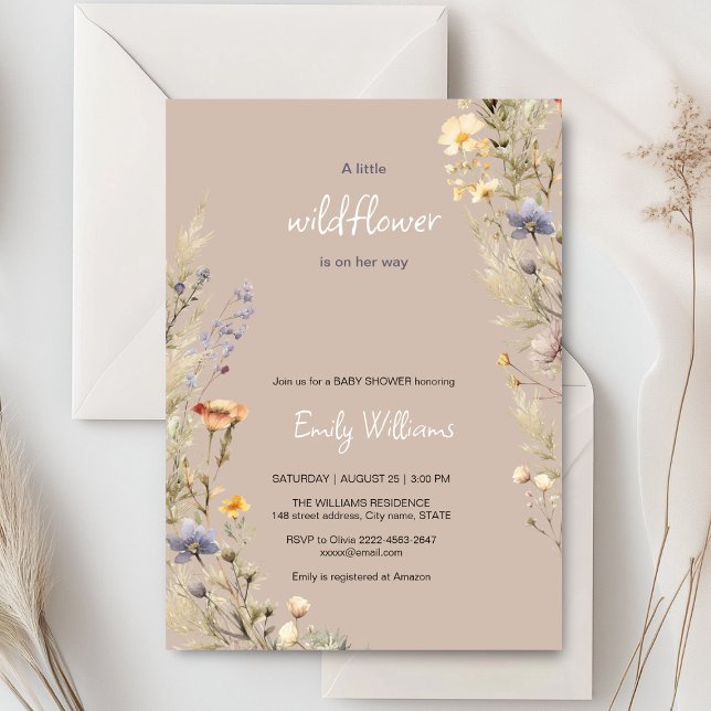 Fleur sauvage meadow boho baby shower invitation (A little wildflower elegant rustic boho watercolor baby shower invitation, baby in bloom)